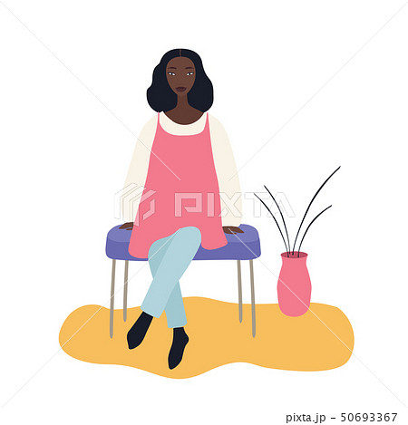 Beautiful african-american woman sitting on a bench chair, vector illustration on white background 50693367
