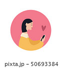 Beautiful caucasian girl with a smartphone and heart symbol, flat vector illustration on fuchsia 50693384