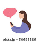 Beautiful caucasian woman with a smartphone, flat vector illustration on white background 50693386