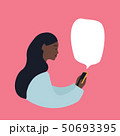 Beautiful african-american woman with a smartphone, flat vector illustration on pink background 50693395