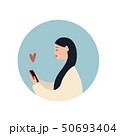 Beautiful caucasian girl with a smartphone and heart symbol, flat vector illustration on blue 50693404