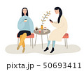 Two beautiful women talking friendly at coffee shop while drinking and eating desserts , vector 50693411