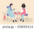 Two beautiful women talking friendly at coffee shop while drinking and eating desserts , vector 50693414
