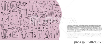 Woman clothes and accessories set in doodle style. 50693976