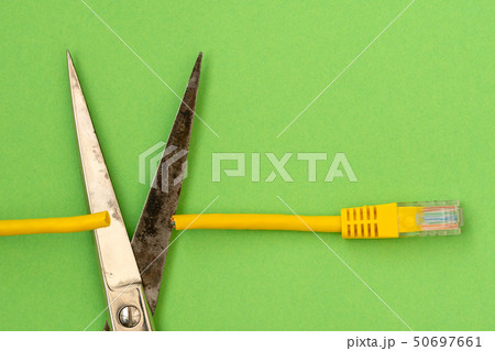 Scissors cut the yellow network cable connector Scissors cut the yellow network cable connector 50697661