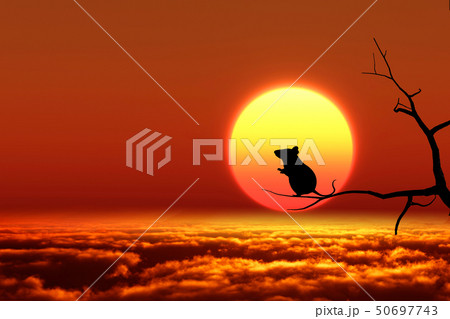 日の出とネズミのシルエットのイラスト素材