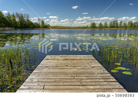 Old rustic wooden jetty on a tranquil lake 50698563