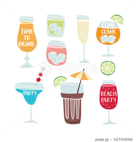 Collection of hand drawn alcoholic drinks, cocktails with lettering quotes. Summer holiday 50704006