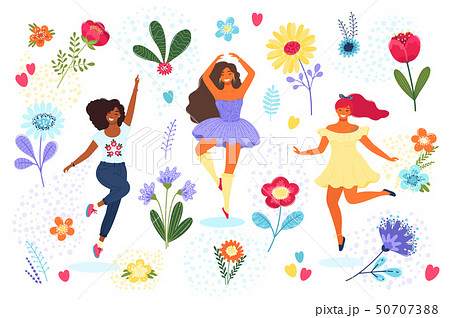 Vector template with happy women and flowers. Modern flat colorful vector illustration. Young pretty Vector template with happy women and flowers. Modern flat colorful vector illustration. Young pretty 50707388