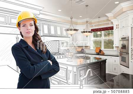Female Contractor Over Kitchen Drawing Gradating Female Contractor Over Kitchen Drawing Gradating 50708885