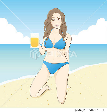 浜辺でビールを持つ美女 50714954