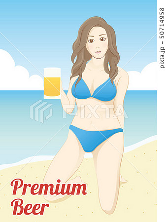 浜辺でビールを持つ美女のポスターのイラスト素材