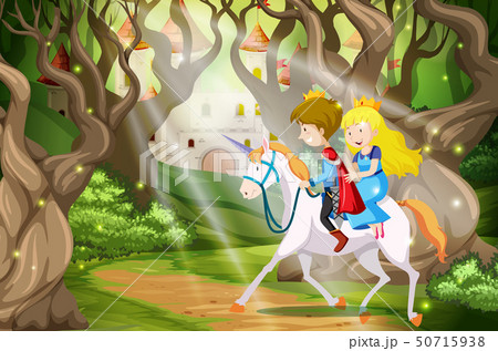 Prince And Princess Riding A Unicorn Sceneのイラスト素材