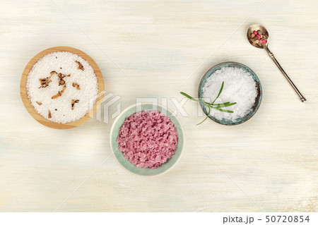 Gourmet spices. An overhead photo of various types of finishing salt and pepper, shot from the top Gourmet spices. An overhead photo of various types of finishing salt and pepper, shot from the top 50720854