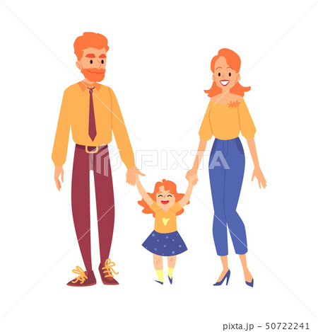 Happy redheaded family with their daughter stands holding hands cartoon style Happy redheaded family with their daughter stands holding hands cartoon style 50722241