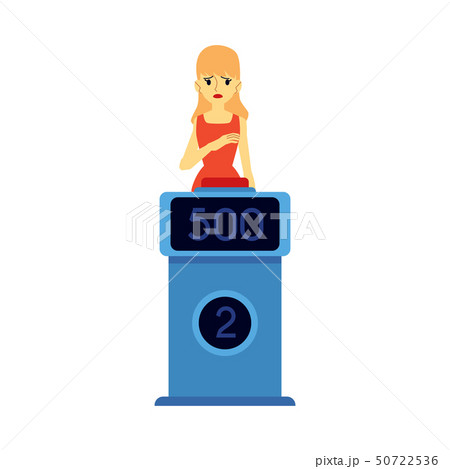 Vector happy woman wrong answer on quiz tv show 50722536