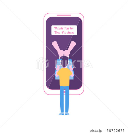 Man stands near smartphone with thankful message on screen flat cartoon style 50722675