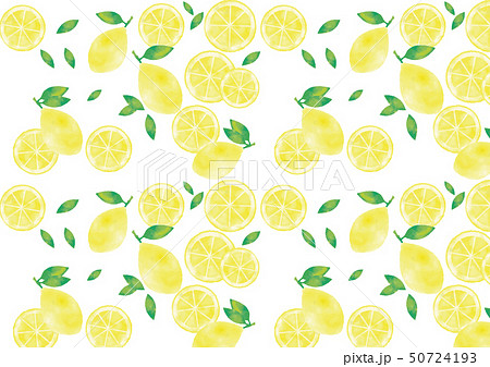 水彩風 葉つきレモンと輪切りレモンと葉っぱのランダムパターンのイラスト素材