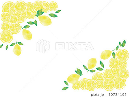 水彩風 葉つきレモンと輪切りレモンと葉っぱのフレームのイラスト素材