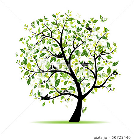 Spring tree green with birds for your design Spring tree green with birds for your design 50725440