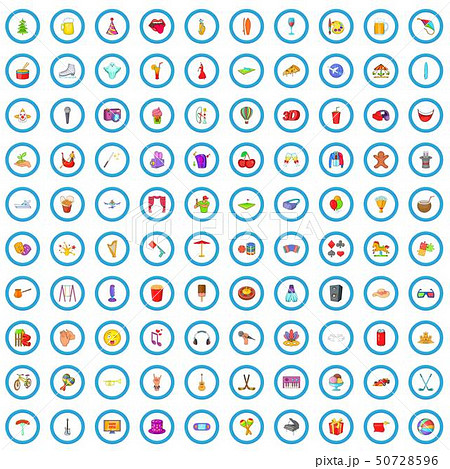 100 amusement icons set, cartoon style 50728596