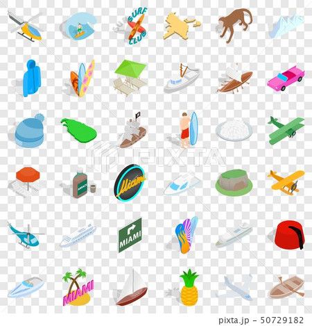 Summer miami icons set, isometric style Summer miami icons set, isometric style 50729182