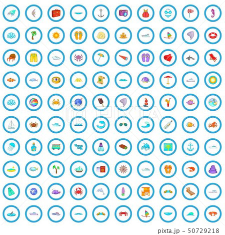 100 beach vacation icons set, cartoon style 100 beach vacation icons set, cartoon style 50729218