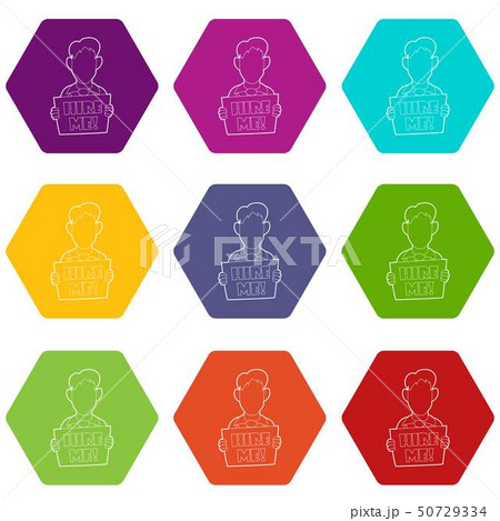 Businessman holding sign board with Hire me icons set 9 vector Businessman holding sign board with Hire me icons set 9 vector 50729334
