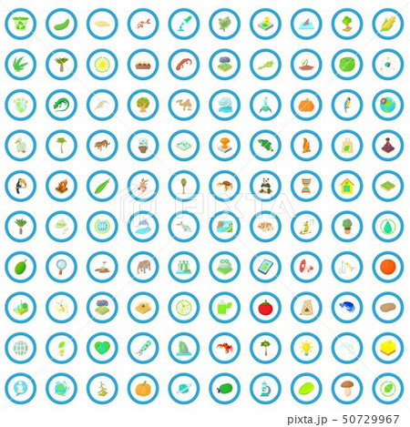 100 Biology Icons Set Cartoon Style Stock Illustration