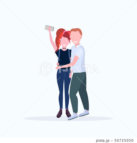 man woman couple taking selfie photo on smartphone camera male female cartoon characters embracing 50735050