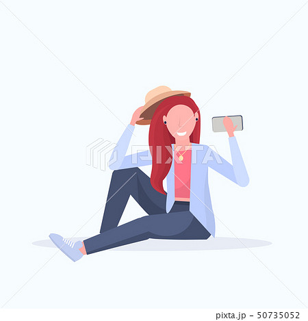 brown hair woman taking selfie photo on smartphone camera female cartoon character sitting girl brown hair woman taking selfie photo on smartphone camera female cartoon character sitting girl 50735052
