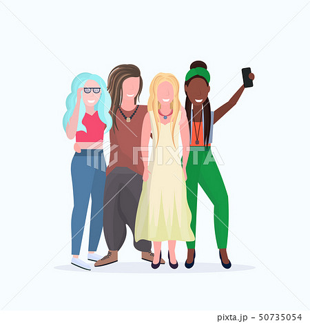 women group taking selfie photo on smartphone camera mix race girls having fun female cartoon women group taking selfie photo on smartphone camera mix race girls having fun female cartoon 50735054