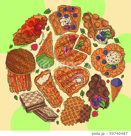 Crispy wafer round pattern chocolate cream flavor belgian dessert cookie poster vector illustration 50740487