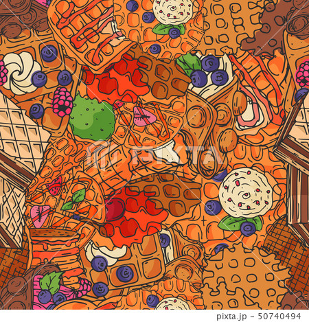 Crispy wafer seamless pattern chocolate cream flavor belgian dessert cookie poster vector 50740494