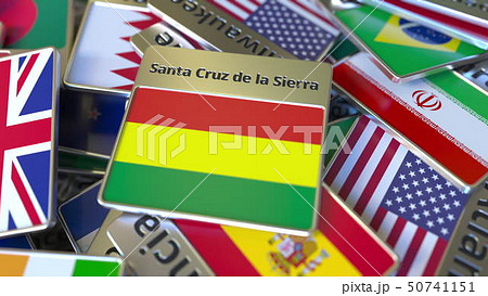 Souvenir magnet or badge with Santa Cruz de la Sierra text and national flag among different ones Souvenir magnet or badge with Santa Cruz de la Sierra text and national flag among different ones 50741151