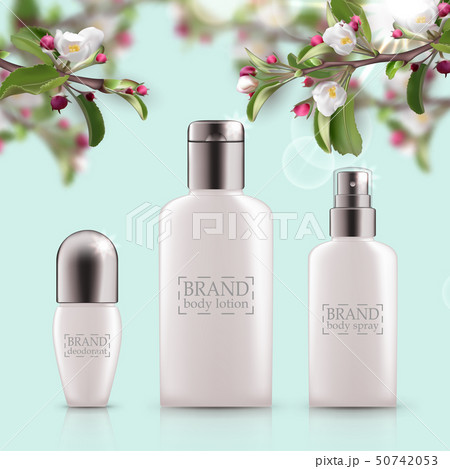 Set of realistic green glass bottles eco cosvetic Set of realistic green glass bottles eco cosvetic 50742053