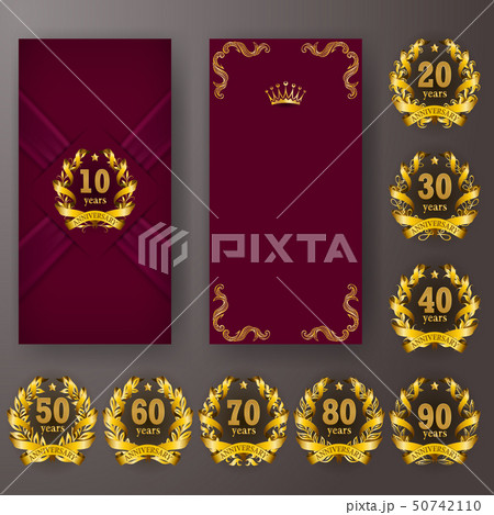 Set of anniversary card, invitation with laurel wreath, number. Decorative gold emblem of jubilee on Set of anniversary card, invitation with laurel wreath, number. Decorative gold emblem of jubilee on 50742110