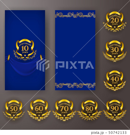 Set of anniversary card, invitation with laurel wreath, numbers. Decorative gold emblem of jubilee Set of anniversary card, invitation with laurel wreath, numbers. Decorative gold emblem of jubilee 50742133