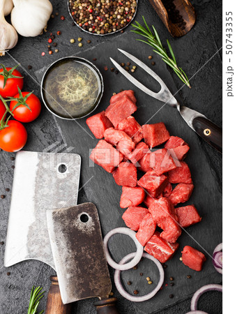 Raw lean diced casserole beef pork steak Raw lean diced casserole beef pork steak 50743355