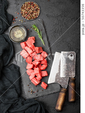 Raw lean diced casserole beef pork steak Raw lean diced casserole beef pork steak 50743356