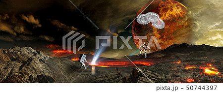 Two astronauts landing on the distant planet Two astronauts landing on the distant planet 50744397