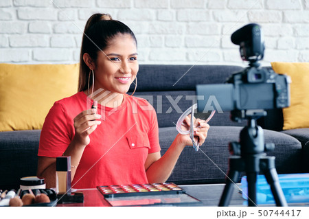 Girl Recording Vlog Video Blog At Home With Digital Camera 50744417