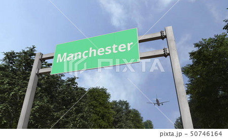 Airliner arrives in Manchester, the United Kingdom. 3D rendering 50746164