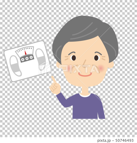 女性：おばあちゃん 指差し チェック ポーズ 体重計 50746493