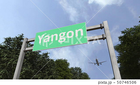 Commercial airplane arriving to Yangon, Myanmar. 3D rendering 50746506