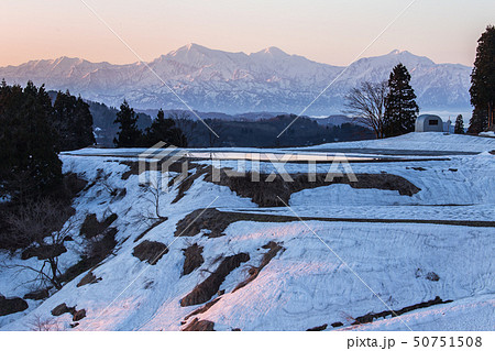 新潟県長岡市山古志　朝焼けに染まる残雪の越後三山と里山の風景 50751508