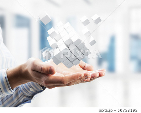 Concept of technology integration and innovation presented by cube figure. Mixed media 50753195