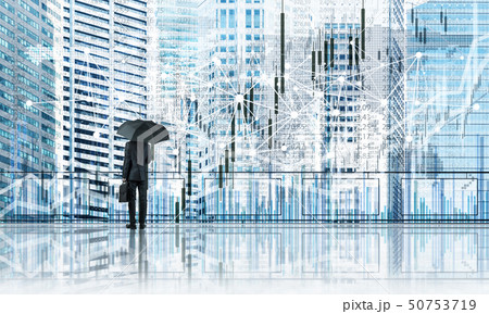 Elegant businessman standing with back and looking at modern business cityscape. Mixed media Elegant businessman standing with back and looking at modern business cityscape. Mixed media 50753719
