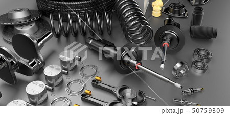 Auto parts spare parts car on the grey background. 3D rendering Auto parts spare parts car on the grey background. 3D rendering 50759309