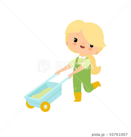 Cute Young Girl in Overalls and Rubber Boots Pushing Wheelbarrow, Farmer Girl Cartoon Character 50761007